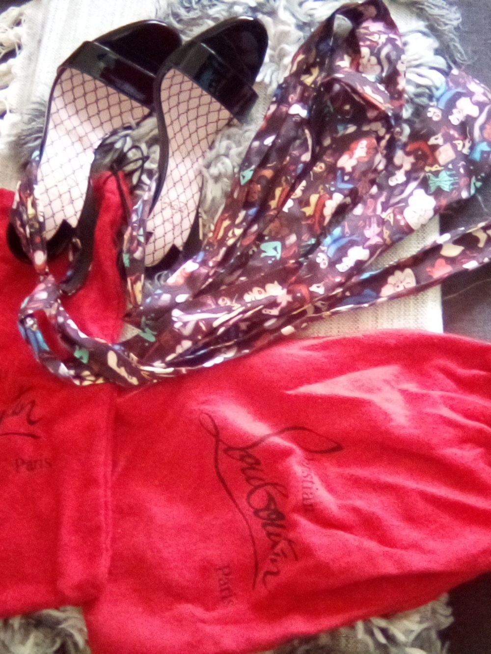 Christian Louboutin Red Dust Bag with Black Patent Peep-Toe Heels